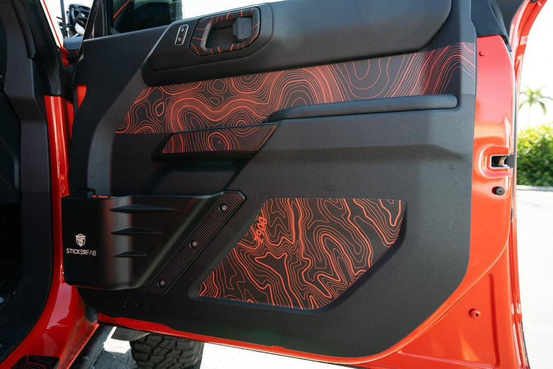 Topo Front Interior Upper Door Card Insert Overlays (Printed Series) - 2021+ Bronco 4 Door - StickerFab