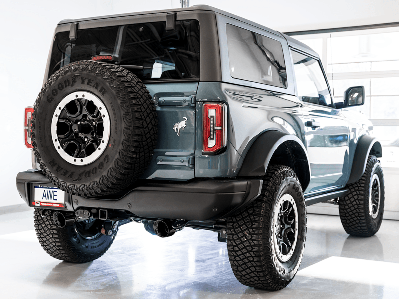 AWE Tuning 0FG Dual Rear Exit Exhaust w/4.5" Diamond Black Tips & Bash Guard - 2021+ Bronco 2.3L/2.7L - StickerFab