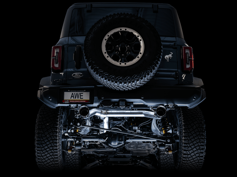 AWE Tuning 0FG Dual Rear Exit Exhaust w/4.5" Diamond Black Tips & Bash Guard - 2021+ Bronco 2.3L/2.7L - StickerFab