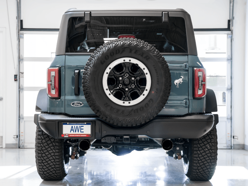 AWE Tuning 0FG Dual Rear Exit Exhaust w/4.5" Diamond Black Tips & Bash Guard - 2021+ Bronco 2.3L/2.7L - StickerFab