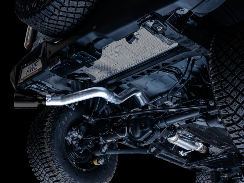 AWE Tuning 0FG Single Rear Exit Exhaust w/5" Diamond Black Tip & Bash Guard - 2021+ Bronco 2.3L/2.7L - StickerFab