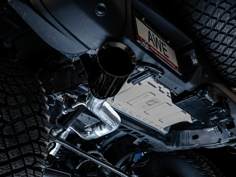 AWE Tuning 0FG Single Rear Exit Exhaust w/5" Diamond Black Tip & Bash Guard - 2021+ Bronco 2.3L/2.7L - StickerFab