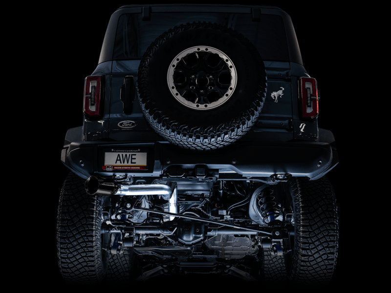 AWE Tuning 0FG Single Rear Exit Exhaust w/5" Diamond Black Tip & Bash Guard - 2021+ Bronco 2.3L/2.7L - StickerFab