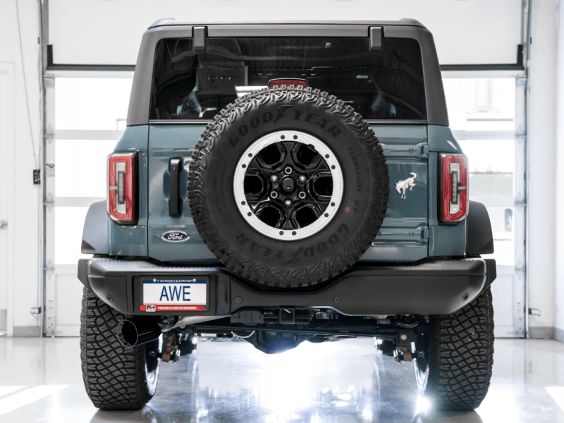 AWE Tuning 0FG Single Rear Exit Exhaust w/5" Diamond Black Tip & Bash Guard - 2021+ Bronco 2.3L/2.7L - StickerFab