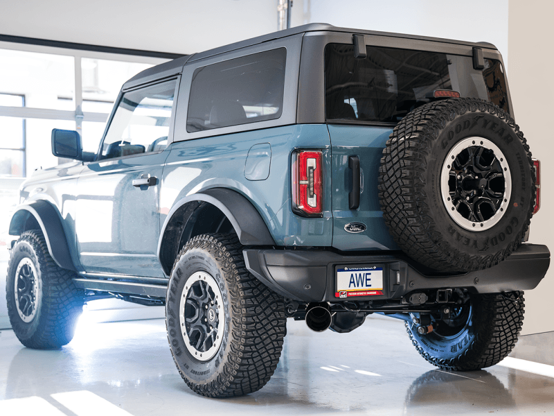 AWE Tuning 0FG Single Rear Exit Exhaust w/5" Diamond Black Tip & Bash Guard - 2021+ Bronco 2.3L/2.7L - StickerFab