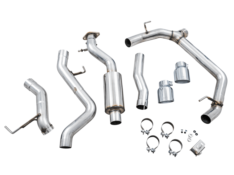 AWE Tuning 2021+ Ford Bronco 0FG Dual Rear Exit Exhaust w/4.5" Chrome Silver Tips & Bash Guard - 2021+ Bronco 2.3L/2.7L - StickerFab