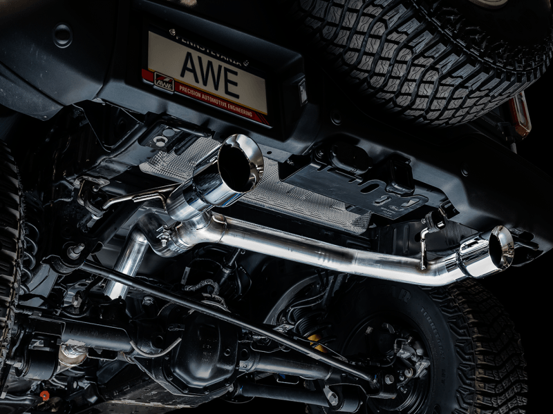 AWE Tuning 2021+ Ford Bronco 0FG Dual Rear Exit Exhaust w/4.5" Chrome Silver Tips & Bash Guard - 2021+ Bronco 2.3L/2.7L - StickerFab