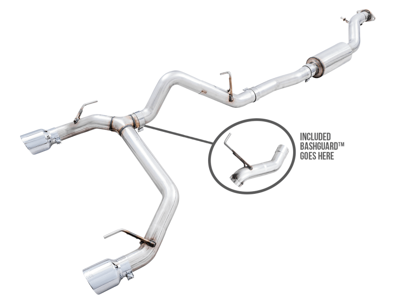 AWE Tuning 2021+ Ford Bronco 0FG Dual Rear Exit Exhaust w/4.5" Chrome Silver Tips & Bash Guard - 2021+ Bronco 2.3L/2.7L - StickerFab