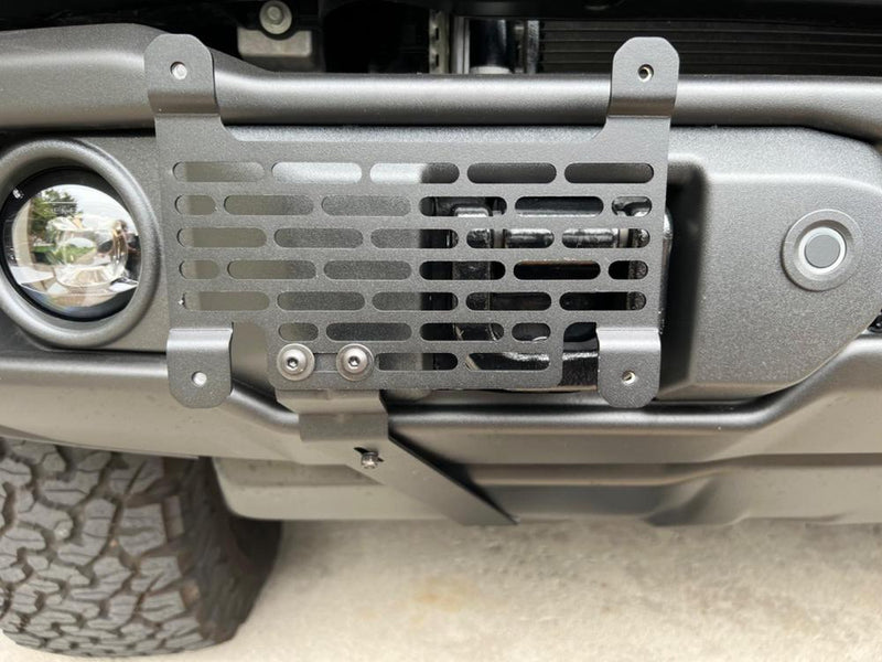 BuiltRight License Plate Relocation Bracket for OEM Capable Bumper w/ Flip-Up Tow Hooks - 2021+ Bronco - StickerFab