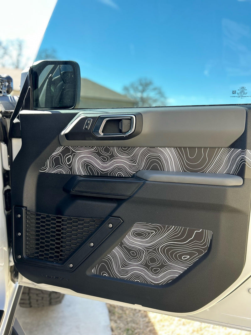 Topo Front Interior Upper Door Card Insert Overlays (Printed Series) - 2021+ Bronco 4 Door - StickerFab