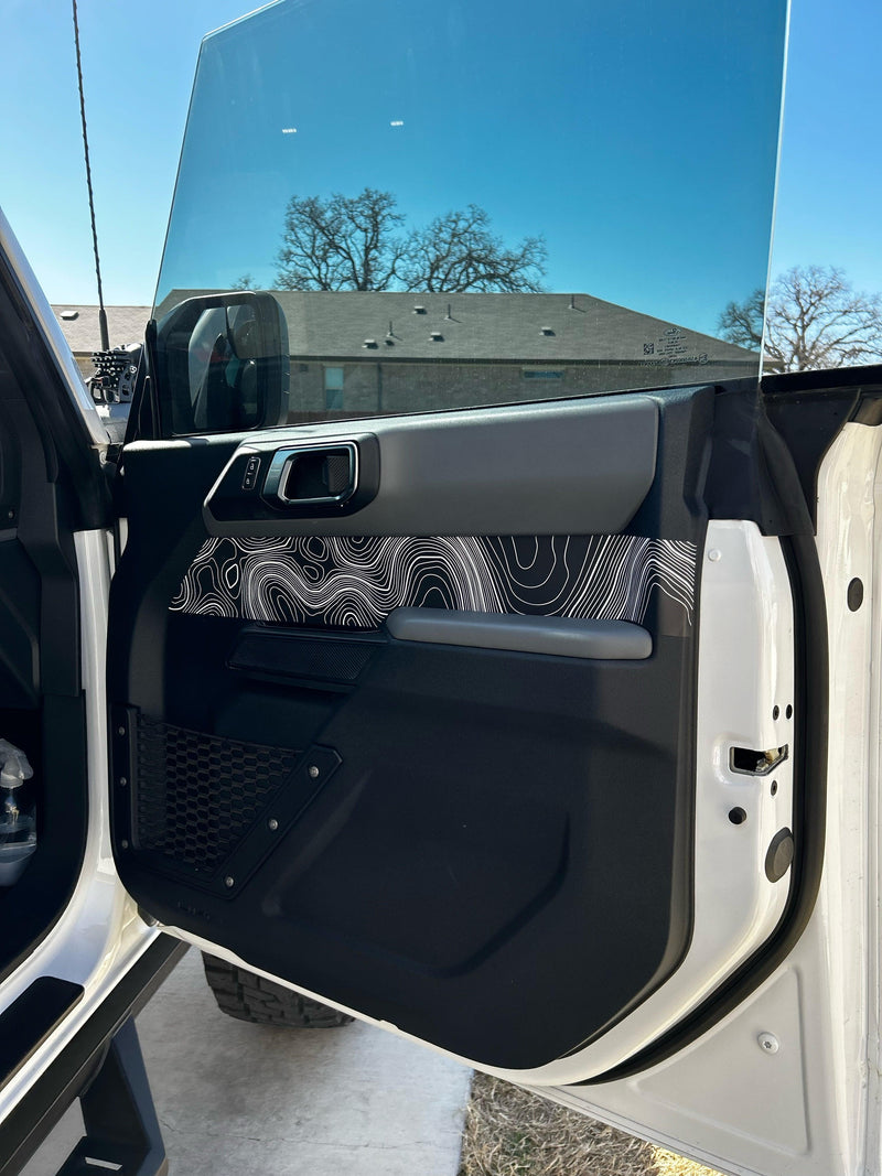 Topo Front Interior Upper Door Card Insert Overlays (Printed Series) - 2021+ Bronco 4 Door - StickerFab