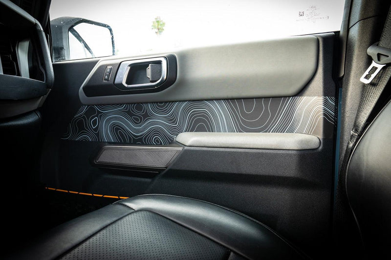 Topo Front Interior Upper Door Card Insert Overlays (Printed Series) - 2021+ Bronco 4 Door - StickerFab