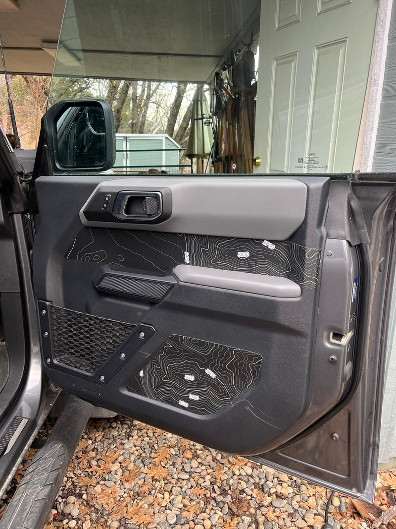 Topo Front Interior Upper Door Card Insert Overlays (Printed Series) - 2021+ Bronco 4 Door - StickerFab